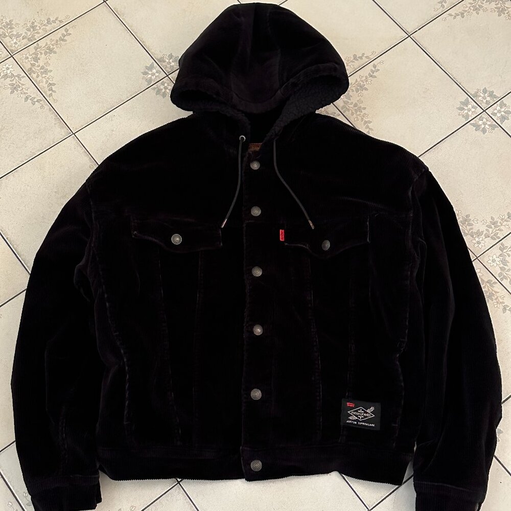 Black corduroy sherpa-lined hooded trucker jacket Levi's x Justin Timberlake